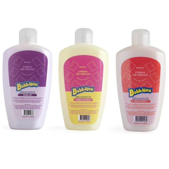 Pack 3 unidades Crema Para Peinar Acido Hialuronico Bubbaluu 250ml Uva Frutilla Tutti Fruti