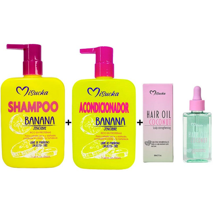 Set Shampoo Acondicionador Y Aceite Anticaída Banana Jengibre Misucka