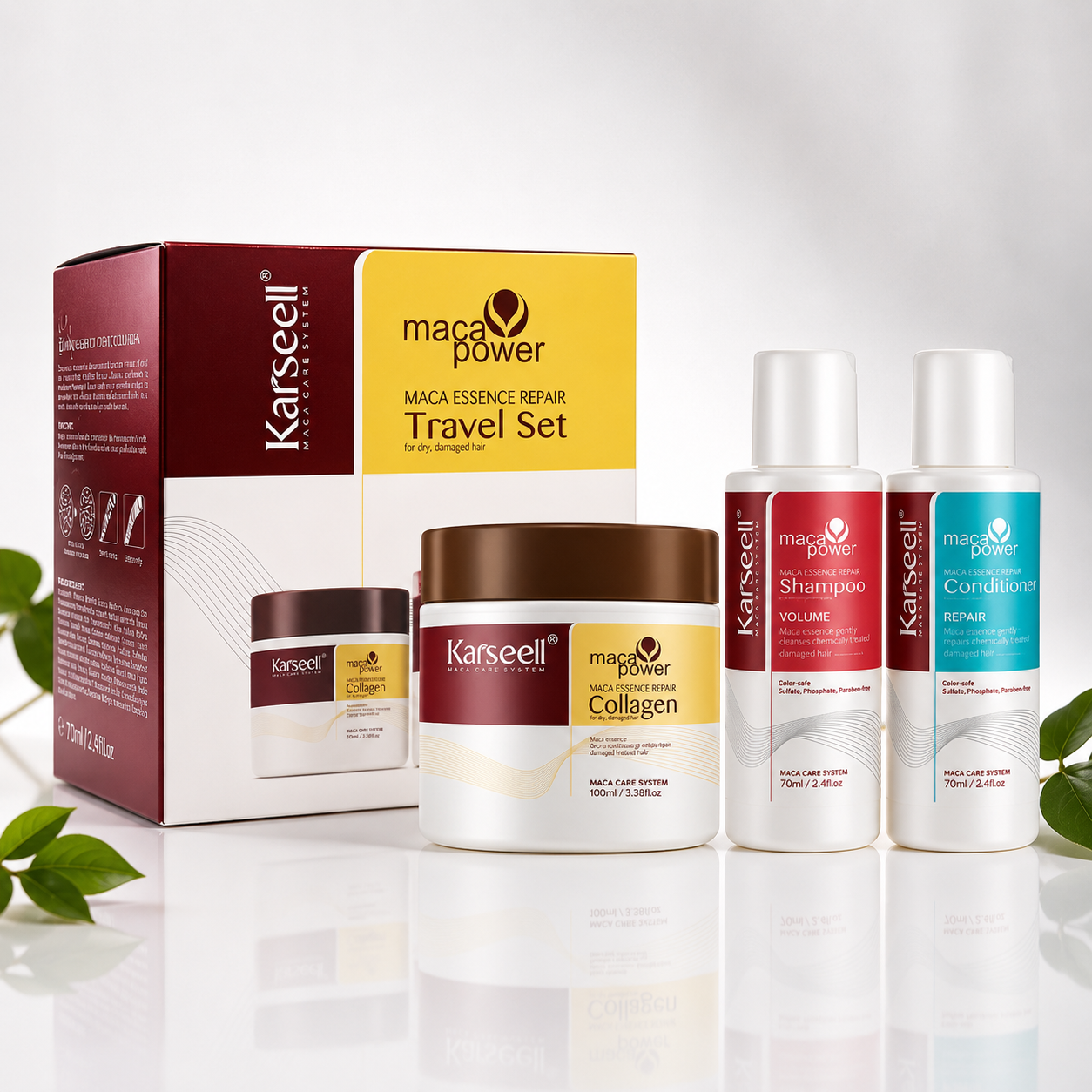 Set De Viaje Reparación Capilar Shampoo Acondicionador Mascarilla Karseell 240gr