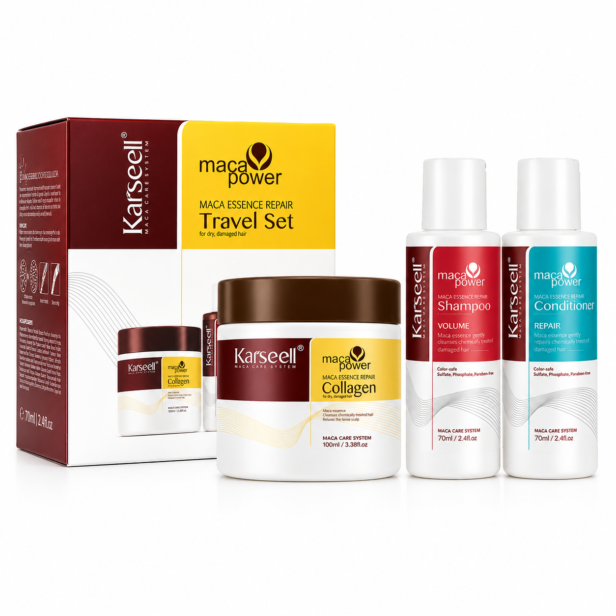 Set De Viaje Reparación Capilar Shampoo Acondicionador Mascarilla Karseell 240gr