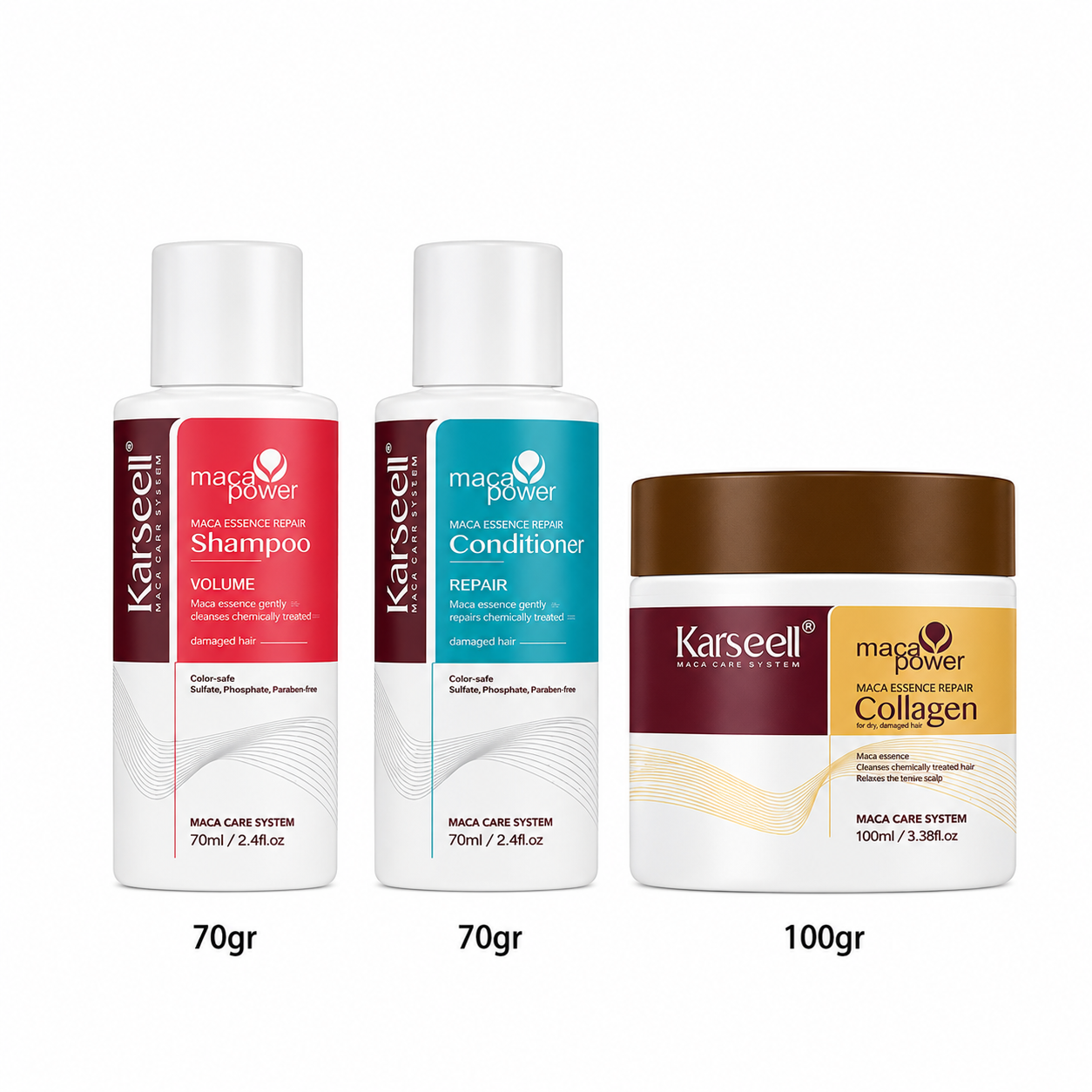 Set De Viaje Reparación Capilar Shampoo Acondicionador Mascarilla Karseell 240gr