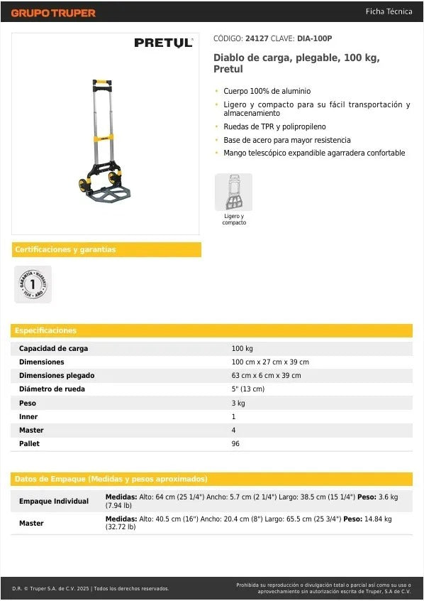 Carro De Mano Pretul Yegua Plegable Carga 100kg