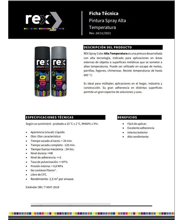 Pintura Spray Alta Temperatura Secado Rápido Rex 400ml