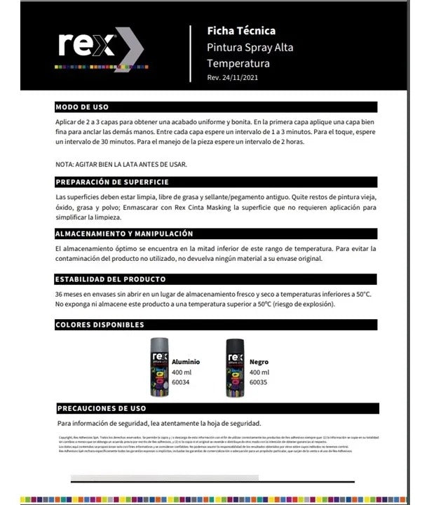 Pintura Spray Alta Temperatura Secado Rápido Rex 400ml