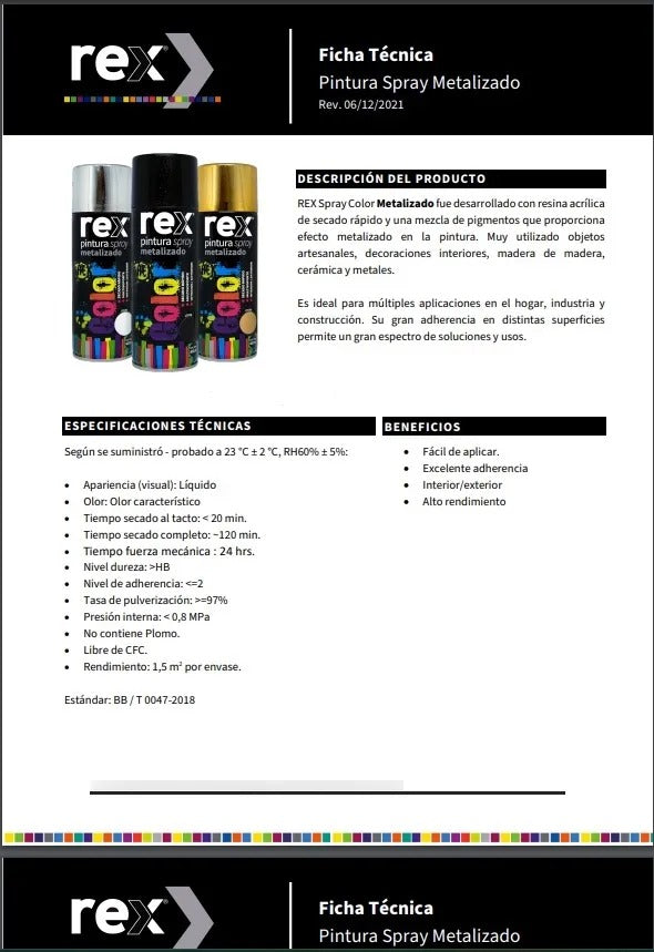 Pintura En Spray Metalizada Secado Rápido Rex 400ml