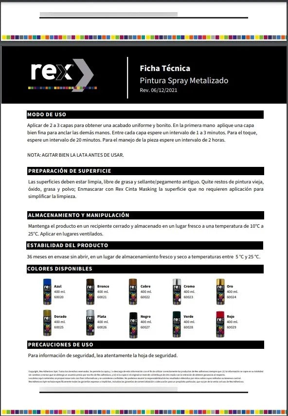 Pintura En Spray Metalizada Secado Rápido Rex 400ml