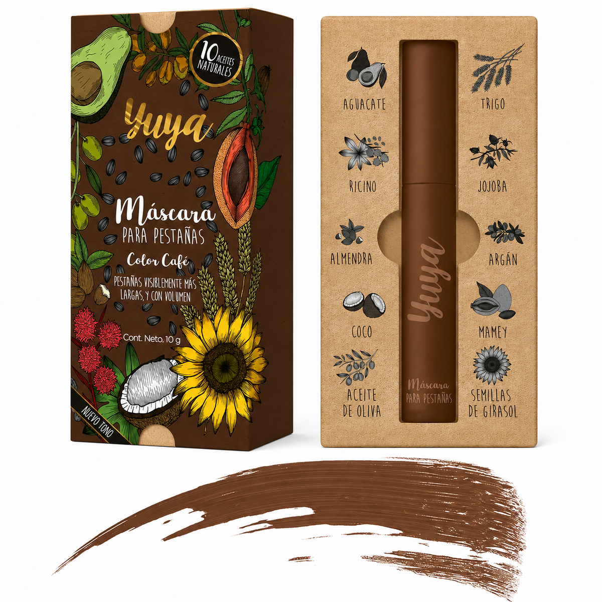 Mascara De Pestañas 10 Aceites Naturales Mas Largas Café Yuya 10g