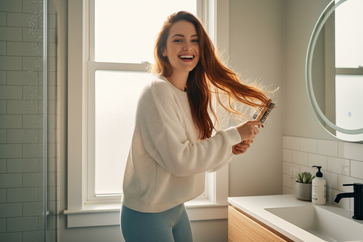 a cool girl but happy full of lifein the process of taking care of the hair in the morning youngfull energyful