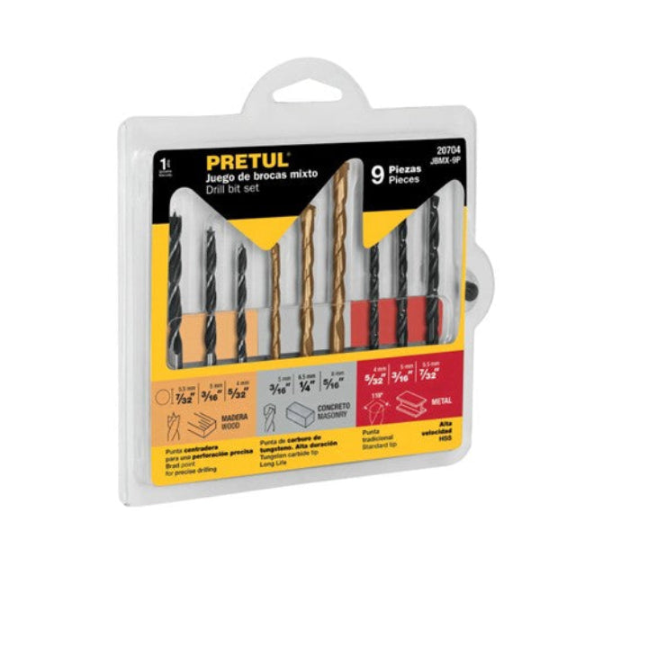 Juego De 9 Brocas Metal, Concreto Y Madera Pretul