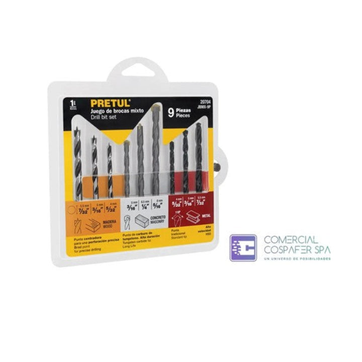Juego De 9 Brocas Metal, Concreto Y Madera Pretul
